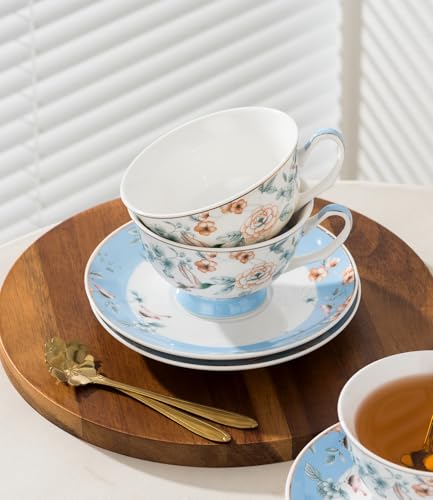 Jusalpha Porcelain Tea Set, Blue Floral Series, 4 Cups and Saucers with Teapot, Warmer, Filter and Spoon, 16 Pieces