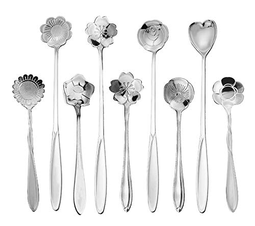 9 Pcs Flower Spoon Coffee Teaspoon, ESRISE Stainless Steel Tea Spoon (Silver) - color: Silver