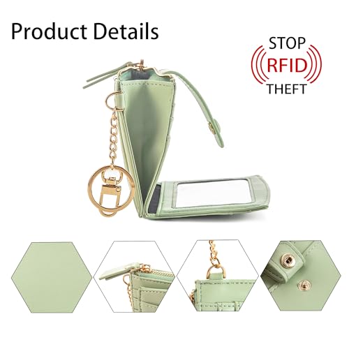 Keychain Wallet Wristlet Small Credit Card Holder Bracelet Key Chain Purse Bangle Tassel Beads Key Rings for Women - color: 04-rfid Green