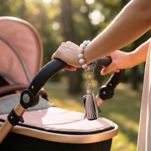 BIHRTC Key Ring Bracelet Car Keychain Holder Wristlet Silicone Women Beaded Bangle Chains - color: Grey Pink