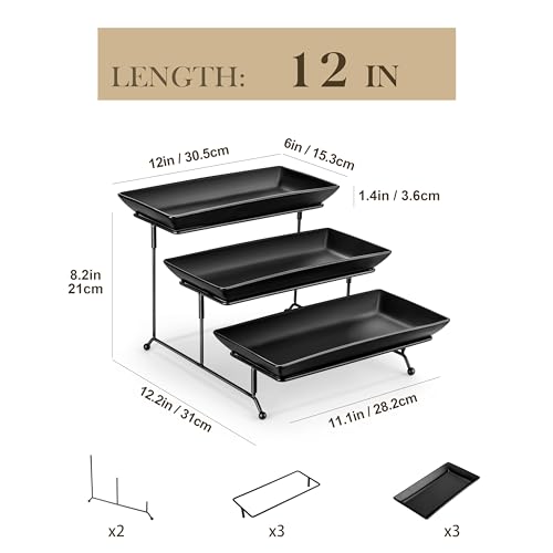 MALACASA 3 Tier Serving Tray, Porcelain Tiered Serving Trays Platters, 12 Inch Serving Stand with Platters,Black Dessert Stand with Collapsible Sturdier Metal Rack,Series PLAT - color: Black, size: 12 Inch
