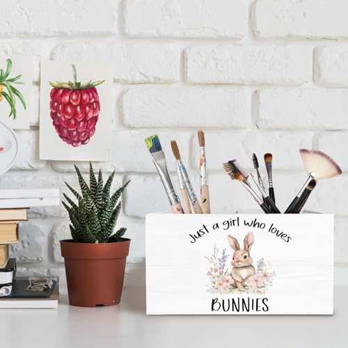 Floral Bunny Pen Holder for Desk, Rabbit Bunny Lovers Gifts Pencil Organizer, Just a Girl Who Loves Bunnies Wooden Box Sign Desk Decor for Home Office Decoration - color: BUNNY