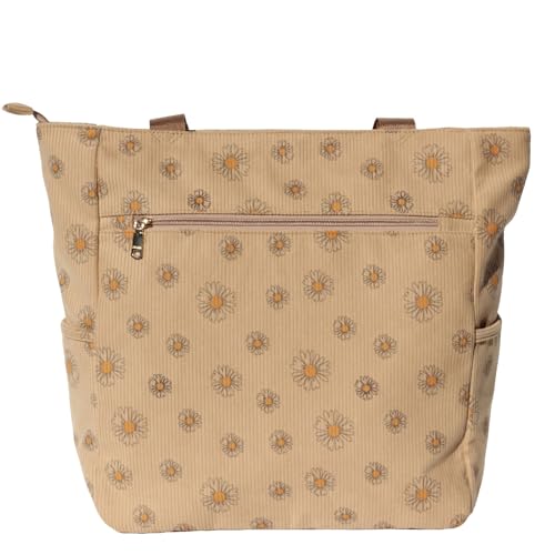 ESVAN Original Floral Water Resistant Large Tote Bag Shoulder Bag for Gym Beach Travel Daily Bags Upgraded - color: Corduroy Brown Daisy