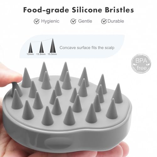 FREATECH Massager Shampoo Brush with Soft Silicone Bristles for Scalp Care, Shower Hair Scalp Scrubber Exfoliator for Dandruff Removal and Hair Growth, Wet & Dry for Men, Women and Kids, Grey - color: Grey