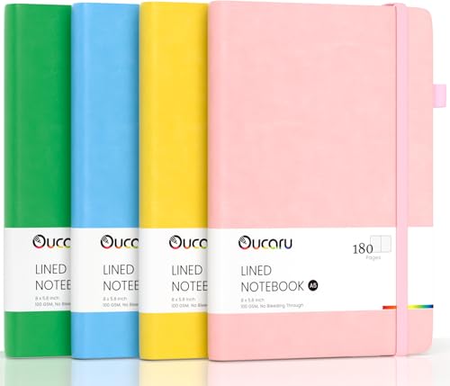 Oucaru 4 Pack A5 Lined Journal Notebook, 180 Pages 100 GSM Paper for Travel - color: 4 Vibrant Colors, size: 4 Pack