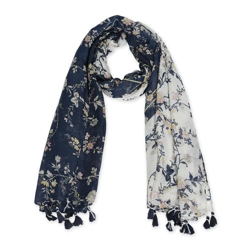 Hadley Wren Womens Lightweight Floral Scarf with Tassels - color: Blue