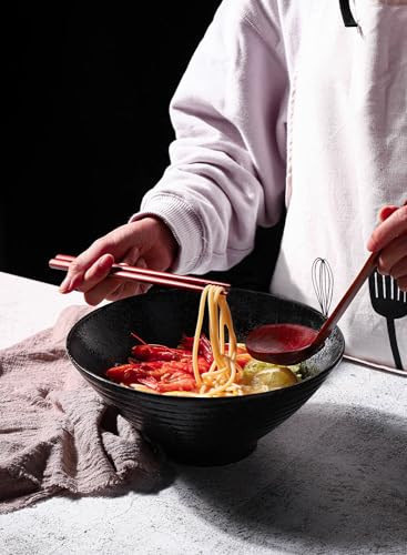 Kanwone Ceramic Japanese Ramen Bowl Set, Noodle Soup Bowls - 60 Ounce, with Matching Spoons and Chopsticks for Udon Soba Pho Asian Noodles, Set of 2, Black - color: Black, size: 9 Inch