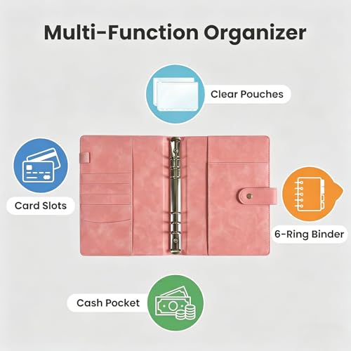 A5 6 Ring PU Leather Binder Notebook Refillable Planner Organizer, Budget Binder with Pockets Dividers Refill Paper for Office School Travel Diary (Pink) - color: Pink