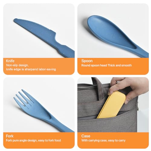 Travel Utensils with Case, Camping Utensils Wheat Straw Reusable Utensils Set With Case, Knife Fork and Spoon Utensil for Lunch Box (2 Pack) - color: Blue, Light Blue