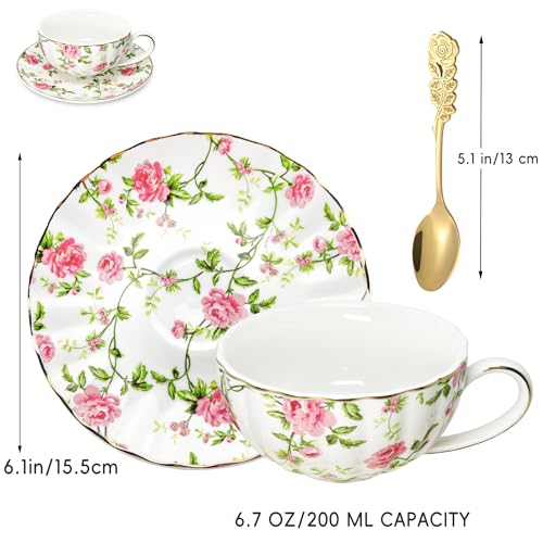 Tea Cups and Saucers, 6.7 OZ Floral Bone China Coffee Cup Set with Spoon, Vintage Garden Teacups with Gold Trim, Tea Cups in a Reusable Handmade Gift Box with Ribbon (Garden Rose) - color: Garden Rose