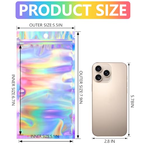 Funfery 100pcs Mylar Holographic Bags-Resealable Zipper&Clear Window - color: Holographic, size: 5.5 x 7.9 Inch