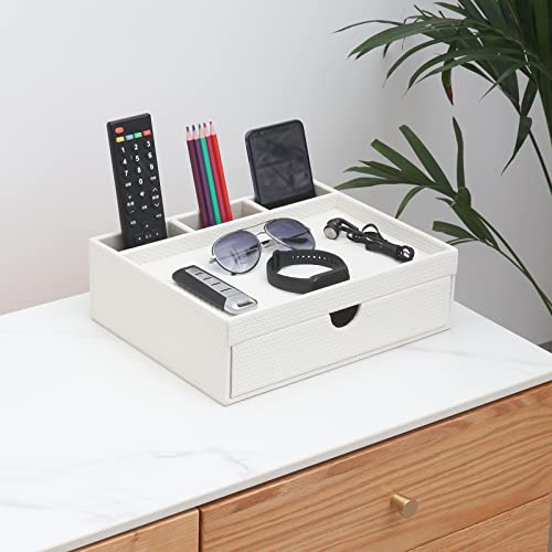 Leather Desk Organizer With Drawers, Home Cosmetics & Phone Remote Organizer, Drawer Plus Divider & Tray (white) - color: white
