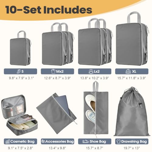 10-Set Compression Packing Cubes for Travel - color: Dark Gray, size: 10-Set