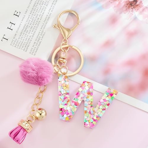 Resin Alphabet Initial Letter Keychain Keyring for Women Purse Handbags With Fur Ball Pom - color: Deep Pink Fur Ball Letter W