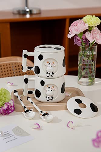 DIHOclub Adorable 3D Ceramic Cow Mug with Lid and Spoon - Perfect for Coffee, Tea, Milk, and More - Ideal Gift for Animal Lovers Gift for Mather- 14 Ounces(BLack white) - color: BLack white