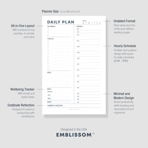 Daily Planner Notepad, 5.5 x 8.5" Tear-Off Pad – 70 Undated Sheets Focus-Enhancing Desktop Organizer with Hourly Schedule, To-Do List for Work, School (White, Minimalist, 1 Pack) - size: Minimalist, 1 Pack