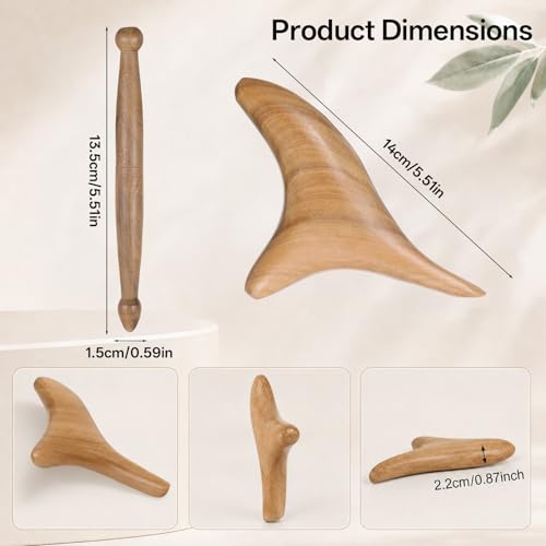 Sandalwood Massage Tools 2 Pcs Triangle Gua Sha Board & Acupressure Stick Ergonomic Massager Wood Stick for Foot, Head, Neck, Hands, Legs