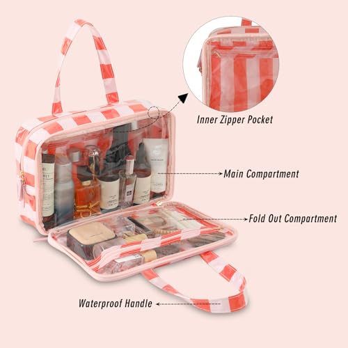 Toiletry Bag for Women, Pink and Orange Stripe - color: Pink-Orange