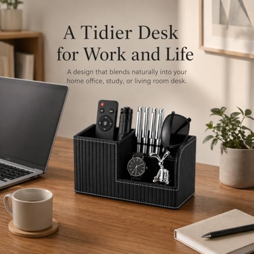 KINGFOM Desk Pen Organizer Office Supplies Caddy Pu Leather Multi-function Storage Box Pen/Pencil,Cell phone, Business Name Cards Remote Control Holder (Black) - color: Black