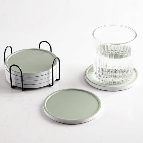 Set of 6 Sage Green Coasters with Holder, Absorbent Ceramic Drink Coasters with Cork Backing for Table Protection, Table Decor, Housewarming Gifts - color: Sage Green