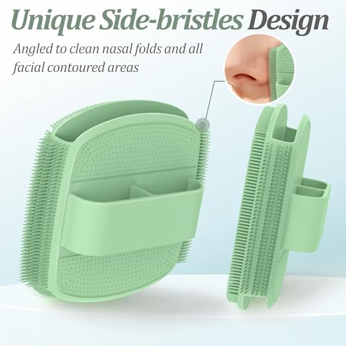 Silicone Face Scrubber & Lymphatic Contour Face Brush Set, Soft Facial Brush with Unique Side-Bristle for Gentle Exfoliating & Deep Cleansing, Lymphatic Drainage Massager for Sculpting(Green) - color: Greenset