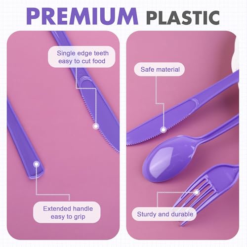Kochorie 300 Pieces Purple Plastic Silverware, Disposable Plastic Utensils, Heavy Duty Cutlery Set Heavyweight Flatware Includes Spoons Forks Knives for Birthday Party Prom Night Wedding Dinner - color: Purple