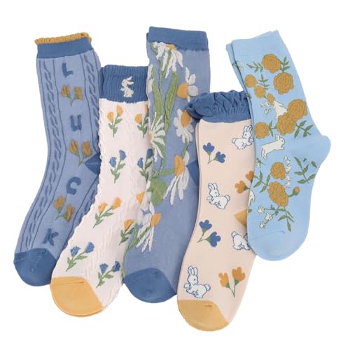 5/6 Pair Crew Socks for Women Floral Socks - color: Blue Yellow