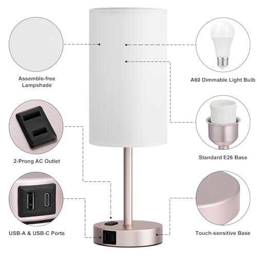 17.4" Antique White Lamp for Bedroom - Dimmable Touch, USB A+C, AC Outlet - color: White - Antique White, size: 17.4"