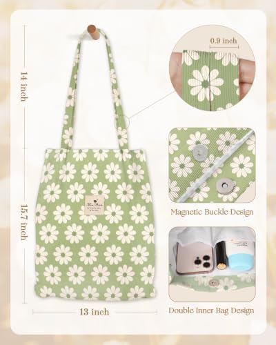 Miss Adola Corduroy Tote Bag for Women Cute Design - color: Green Daisy