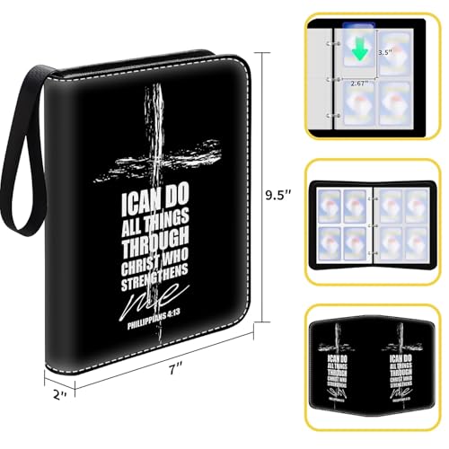 Card Binder 400 Pockets, 50 Sleeves Large Binder Trading Cards Holder 4 Pocket, Storage Organizer, Album Folder Case Protector Collector Gift Religious Bible Christian Cross Verse Philippians - color: Religious Bible Christian Cross Verse Philippians, siz