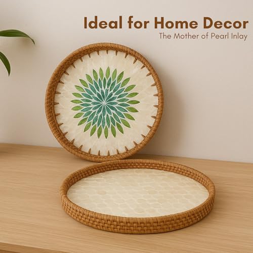 Round Rattan Tray with Mother of Pearl Inlay (12 Inches) | Decorative Round Serving Tray with Wooden Base | Coffee Table Decor | Natural Wicker Trays for Centerpiece, Ottoman, Kitchen & Home Decor