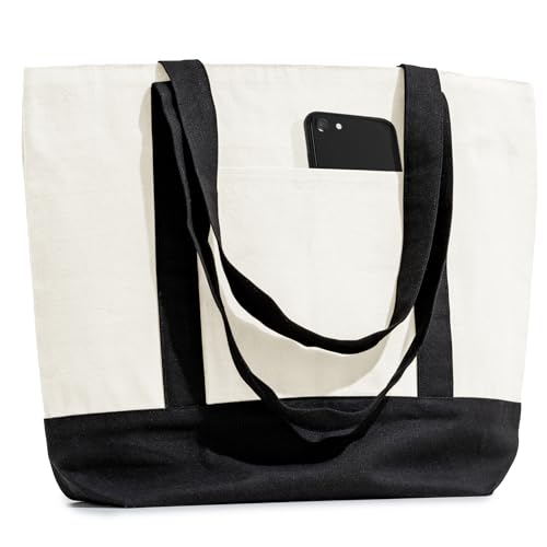 Carrywell (Not Made In China) Canvas Tote Bag With Front Pocket, 15"x 21", Reusable Grocery Shopping Bags, Top Zipper Closure - color: Natural W/Black Trim
