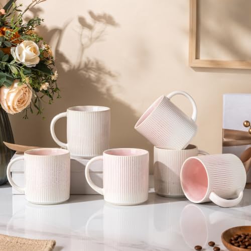 theterra Ceramic Coffee Mugs Set of 6, 14.2 oz Coffee Cups with Handle - color: Primrose Pink, size: 14 OZ (Set of 6)