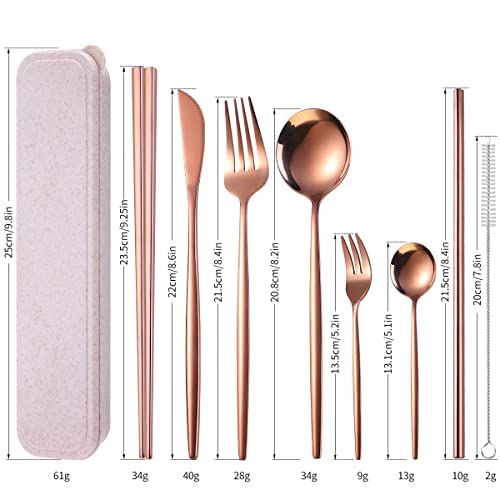 AARAINBOW 8 Pieces Stainless Steel Flatware Set Portable Reusable Cutlery Set Travel Utensils Set Including Chopsticks Knife Fork Spoon Straws Cleaning Brush Dishwasher Safe (Rose Golden) - color: Rose Golden