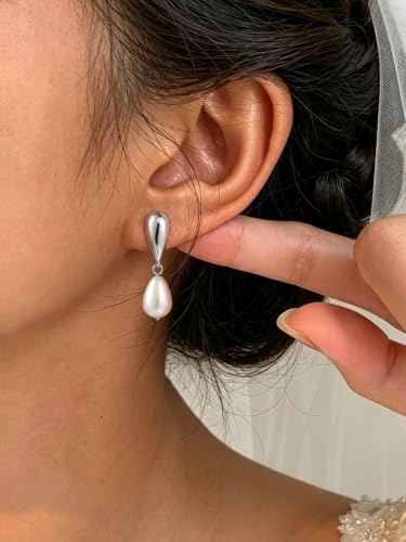 Pearl Earrings for Women,14K Gold/Silver Plated Dangle Drop Earrings - color: silvery white