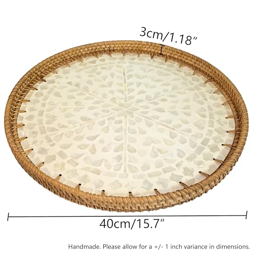16" Rattan & Mother of Pearl Lazy Susan Turntable, White Floral - color: White&brown