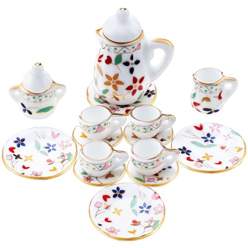Sumind 15 Pieces Miniature Porcelain Tea Cup Set Kitchen Miniature Porcelain Set Mini Flower Pattern Teapot Cup Plates Kitchen Accessories(Gold Leaf Style) - style: Gold Leaf Style