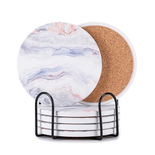 6Pcs Absorbent Coasters Set with Holder,Ceramic Drink Coaster,4 in（A3） - color: Cloud Style
