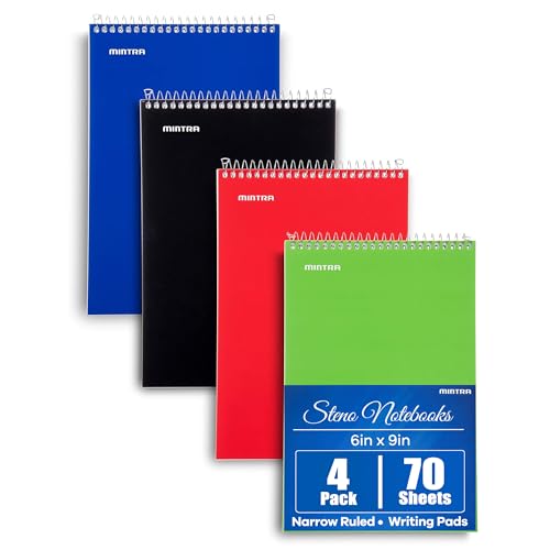 Mintra Office Steno Books Set - Top-Spiral Bound, Narrow Ruled, 70 White Sheets, Poly Primary Color Covered Notebooks for Office, Professional, School & Work, Note-taking, Writing Pads, 6"x9", 4 Pack - color: Primary Colors 4pk, size: Narrow Ruled