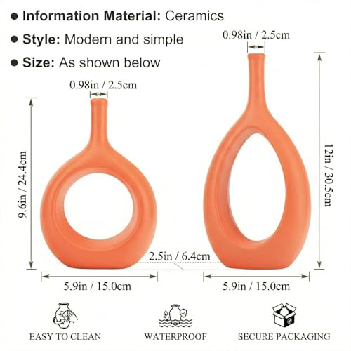 Orange Ceramic Hollow Elliptical Vase Set of 2 - Boho Circle Vase with Hole, for Modern Orange Table Decor, Living Room Decor Shelf mid Century Modern Home Entrance Decorative vase - color: Orange
