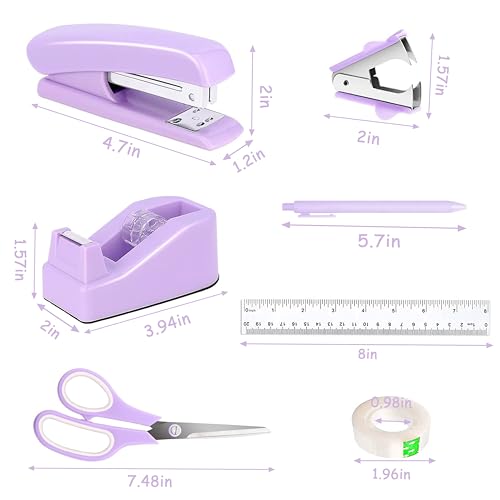 Dimonluce Purple Desk Accessories, Purple Office Supplies Accessories with Tape Dispenser, Stapler, Staple Remover, 1000 Staples, Tape, Clips Set, Ruler, Scissor, Pen - color: Purple