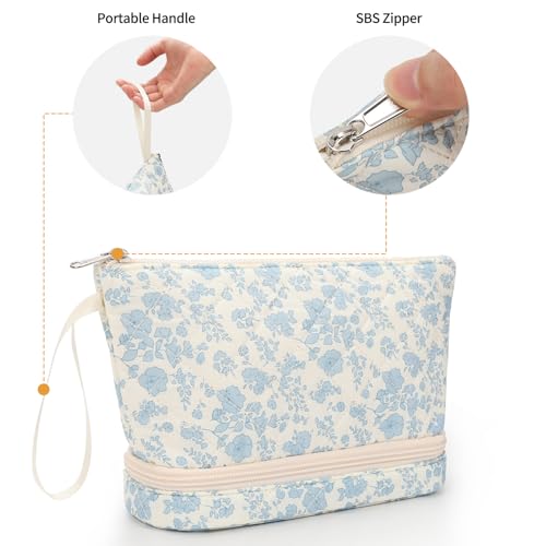 Small Makeup Bag 2 Layers Travel Cosmetic Bag with Makeup Brush Compartment - color: 02-blue flower
