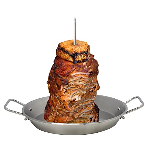 BBQ Vertical Skewer Pan Gyro Spit Stand for oven, Al Pastor Shawarma Skewer for Grill, El Pastor Hack for Tacos Al Pastor Chicken, Brazilian, Stainless Steel, with 8",10" and 12" stick - size: With 10.5 " Base Pan& 3 Skewers