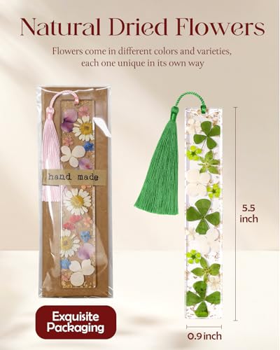 Buleens 2PCS Bookmarks for Women - Pink Green Book Marks for Readers Book Lovers, Personalized Handmade Dried Flower Resin Pressed Flowers Bookmark with Tassels, Pretty and Aesthetic - color: Pink Green