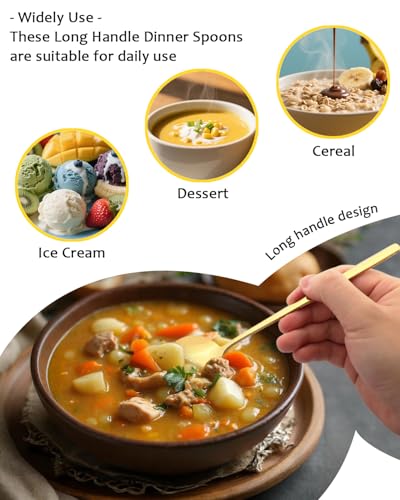 Korean Soup Spoons with Long Handles: 18/10 Stainless Steel 7.67'' Large Round Soup Spoons,4 Pack Asian Metal Dinner Spoon Set with Round Edge for Coffee,Desserts,Dishwasher Safe - size: 7.67 inch gold