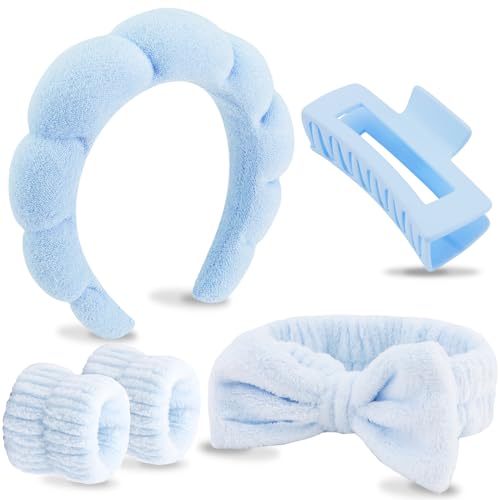 VELSCRUN Spa Headbands for Wash Face, Makeup Headband, Facial Skincare Headbands, 5 Pcs Blue Puffy Sponge Spa Headband Bow Tie Hair Band Hair Clips Wristband Set Women Girls Accessories - color: Blue