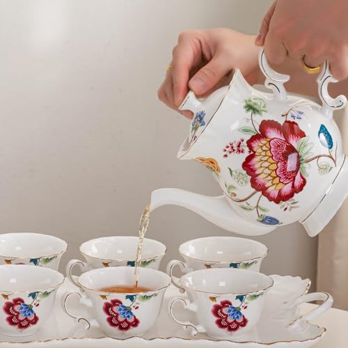 European Style Ceramic Flower Teapot Coffee Pot Water Pot Porcelain Gift Large 5.5 Cups (1, Blue and Red) - color: Blue and Red