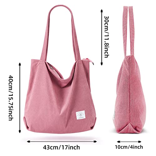KALIDI Women Corduroy Tote Bag Zipper Casual Tote's Handbag Big Capacity Shoulder Bag with Pockets - color: Pink