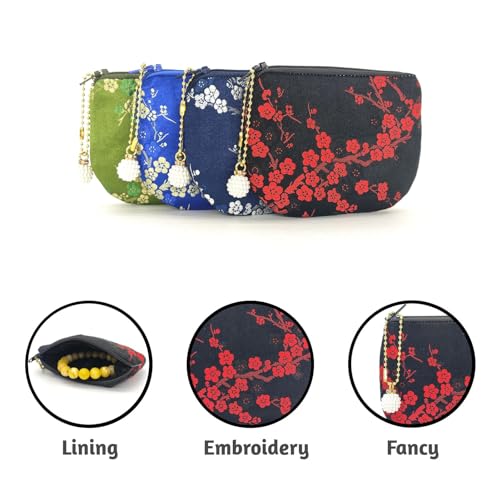 Handmade Women Coin Purse Brocade Rosary Bag Silk Jewelry Pouch Zipper Wallet - Black - color: Black
