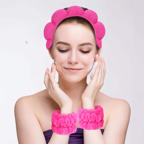 Beleki Spa Headband & Wristband Set - Sponge Terry Cloth Bubble Puffy Hairband - Non Slip Headwear - Hot Pink - 3 Pcs - color: Hot Pink